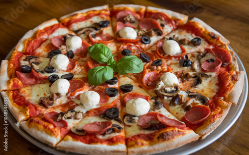 Pepperoni Pizza with Mozzarella Balls, Olives, and Mushrooms, Generative AI
