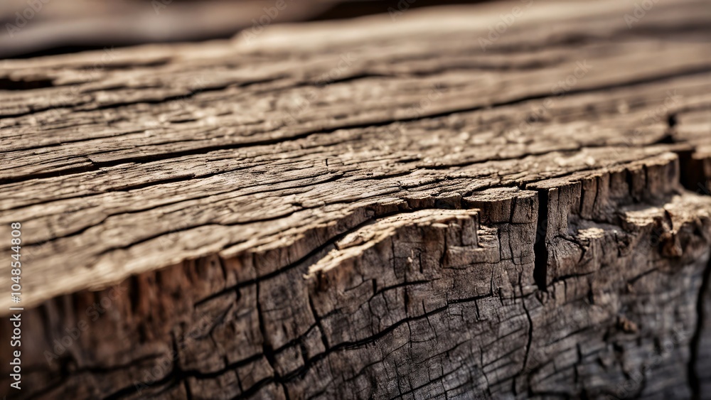 Obraz premium Close-up of cracked weathered wood with bokeh effect