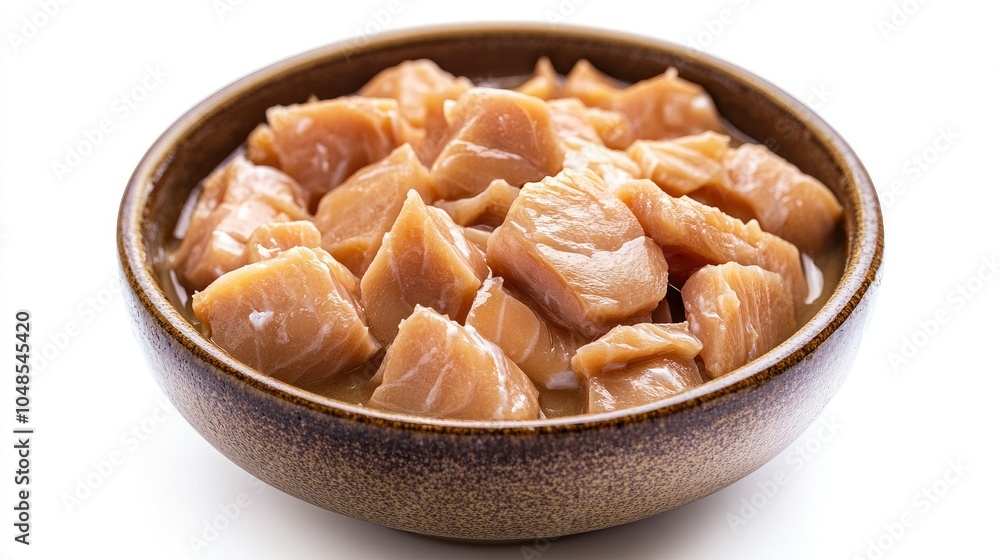 A close-up of wet cat food with chunks of fish and gravy, presented in a small dish, isolated against a clean white background. A close-up of wet cat food with chunks of fish and gravy, presented in a small dish, isolated against a clean white background.