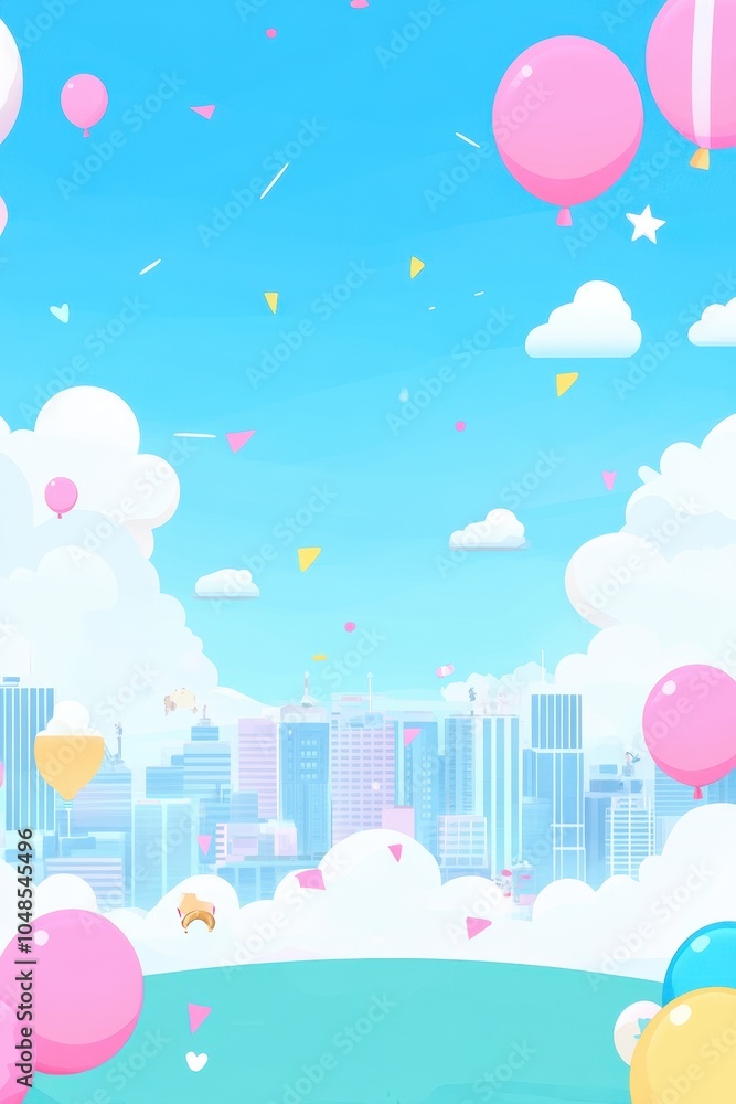 Whimsical City Skyline with Colorful Balloons and Confetti Whimsical City Skyline with Colorful Balloons and Confetti