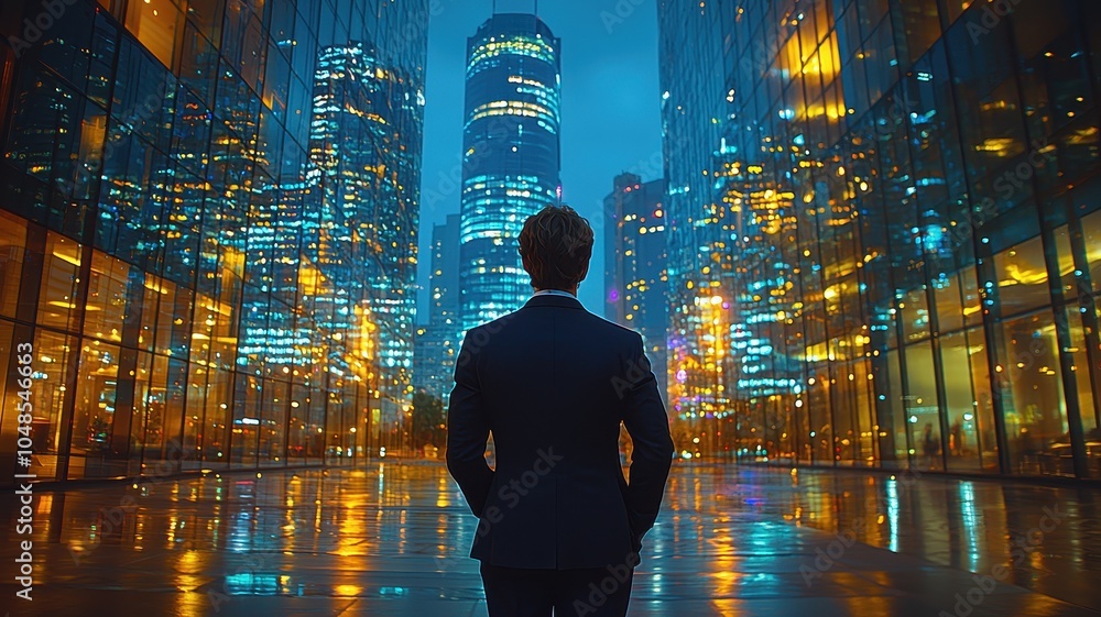 A solitary figure in a suit gazes at a vibrant, illuminated cityscape at night, reflecting a blend of modern architecture and urban lifestyle. A solitary figure in a suit gazes at a vibrant, illuminated cityscape at night, reflecting a blend of modern architecture and urban lifestyle.