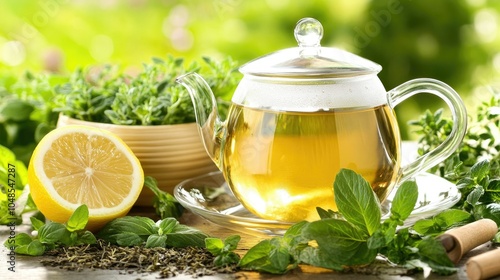 A glass kettle brewing tea next to a filled glass cup, with slices of lemon and fresh herbs surrounding the setup on a light table.