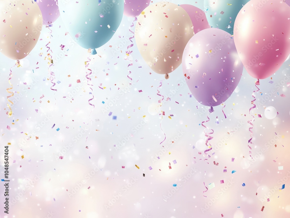 Pastel Balloons with Confetti and Ribbons - Festive Birthday Background Illustration. Pastel Balloons with Confetti and Ribbons - Festive Birthday Background Illustration.