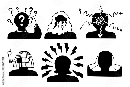 Mental state and emotions. Bad mood, apathy, depression, exhausted mind, brain storm, doubt, problem, psychological balance, withstanding adverse conditions. Hand drawn vector illustration