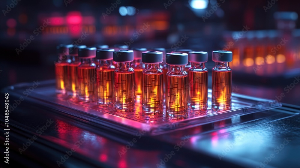 An assortment of small medical syringes and needles arranged neatly on a sterile tray, with soft lighting highlighting the metallic surfaces. An assortment of small medical syringes and needles arranged neatly on a sterile tray, with soft lighting highlighting the metallic surfaces.