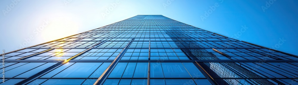 A modern skyscraper towering against a clear blue sky, showcasing its reflective glass facade and minimalist design. A modern skyscraper towering against a clear blue sky, showcasing its reflective glass facade and minimalist design.