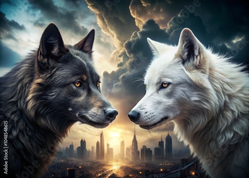 Good Wolf vs. Bad Wolf Duel - Fantasy Art of White and Black Wolves in Epic Face-Off, Urban Exploration Photography Concept, Good vs Evil Imagery photo