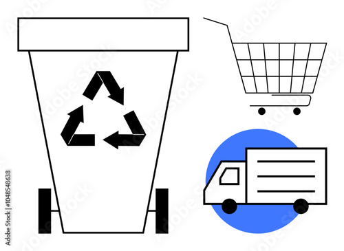 Large recycling bin with symbol next to shopping cart and delivery truck. Ideal for recycling waste management e-commerce and delivery services environmental sustainability and consumerism