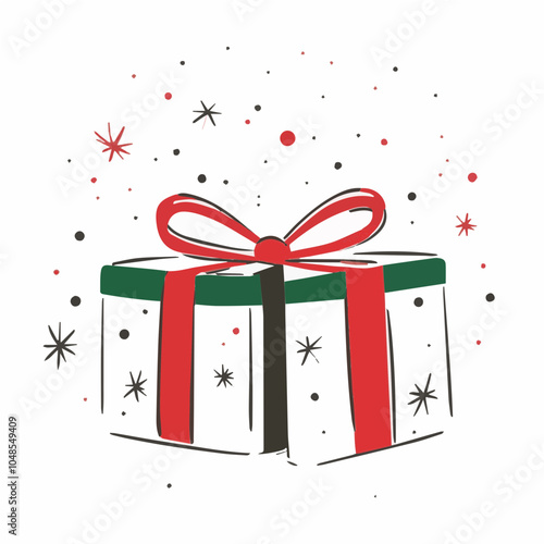 Cute, simple Christmas gift box in red, green, and white with playful dots and stars, perfect for holiday themes.