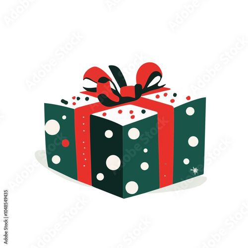 Playful Christmas gift box in dark green with red ribbon and white polka dots, ideal for festive designs.