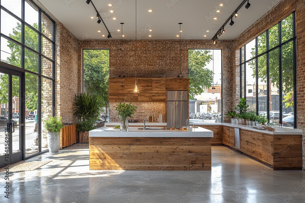 Fototapeta premium A modern kitchen with large windows, wooden accents, and a spacious design, creating a bright and inviting atmosphere.