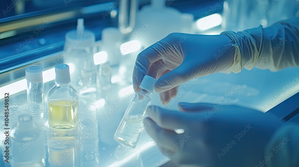 A pair of female hands mid-application of alcohol gel, with a small bottle nearby, set in a bright, modern background emphasizing hygiene. A pair of female hands mid-application of alcohol gel, with a small bottle nearby, set in a bright, modern background emphasizing hygiene.