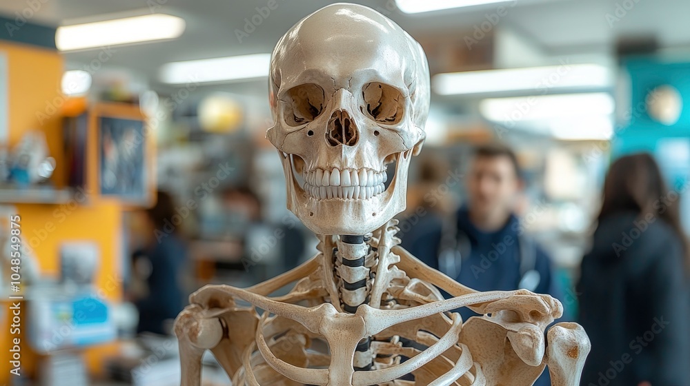 A detailed shot of a human skeleton model in a medical classroom, with students in the background studying various anatomy books. A detailed shot of a human skeleton model in a medical classroom, with students in the background studying various anatomy books.