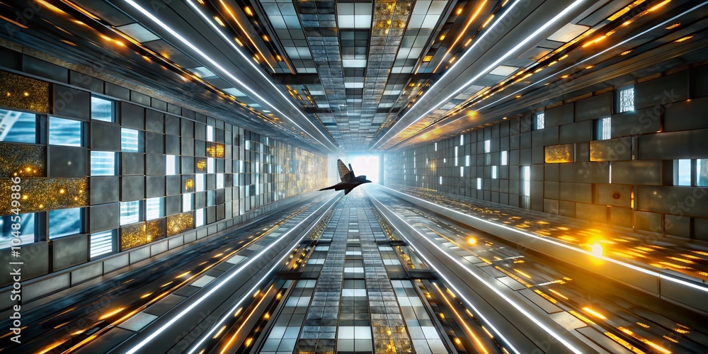 Abstract Landscape of Flight Through Futuristic Glowing Tunnel with Squares Abstract Landscape of Flight Through Futuristic Glowing Tunnel with Squares