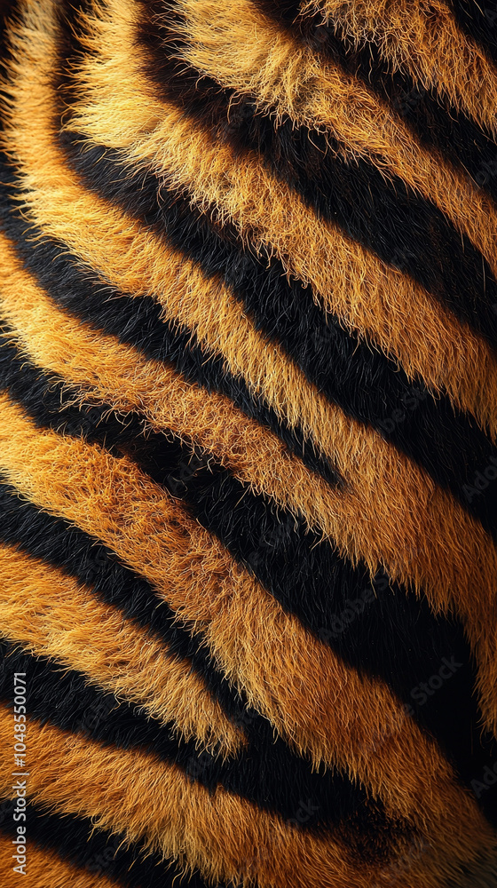 image showcases close up view of vibrant tiger fur, highlighting striking orange and black stripes that create captivating pattern. texture and colors evoke sense of wild beauty and strength image showcases close up view of vibrant tiger fur, highlighting striking orange and black stripes that create captivating pattern. texture and colors evoke sense of wild beauty and strength