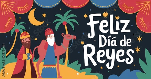 Feliz Dia de Reyes Celebration with Three Kings and Colorful Gifts