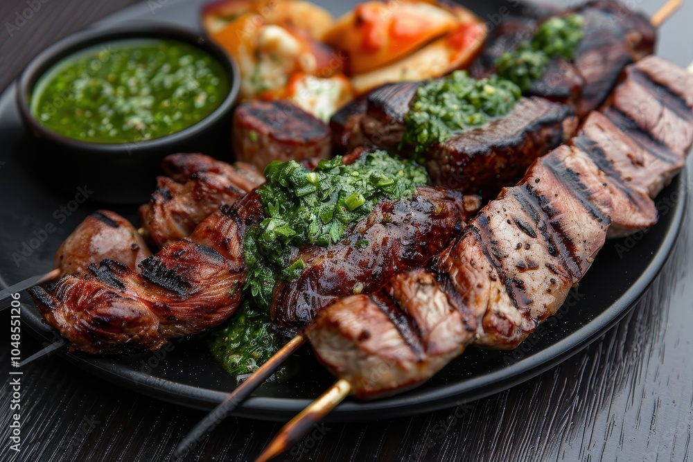A skewer of churrasco, featuring a variety of grilled meats such as beef, chicken, and sausage, served with chimichurri sauce A skewer of churrasco, featuring a variety of grilled meats such as beef, chicken, and sausage, served with chimichurri sauce