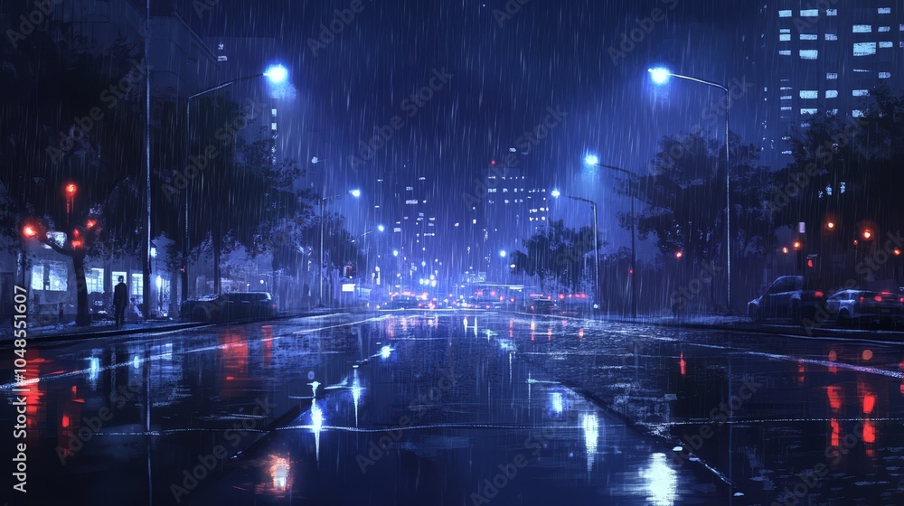 Serene Night Scene with Rain-soaked Streets and Vibrant City Lights Serene Night Scene with Rain-soaked Streets and Vibrant City Lights