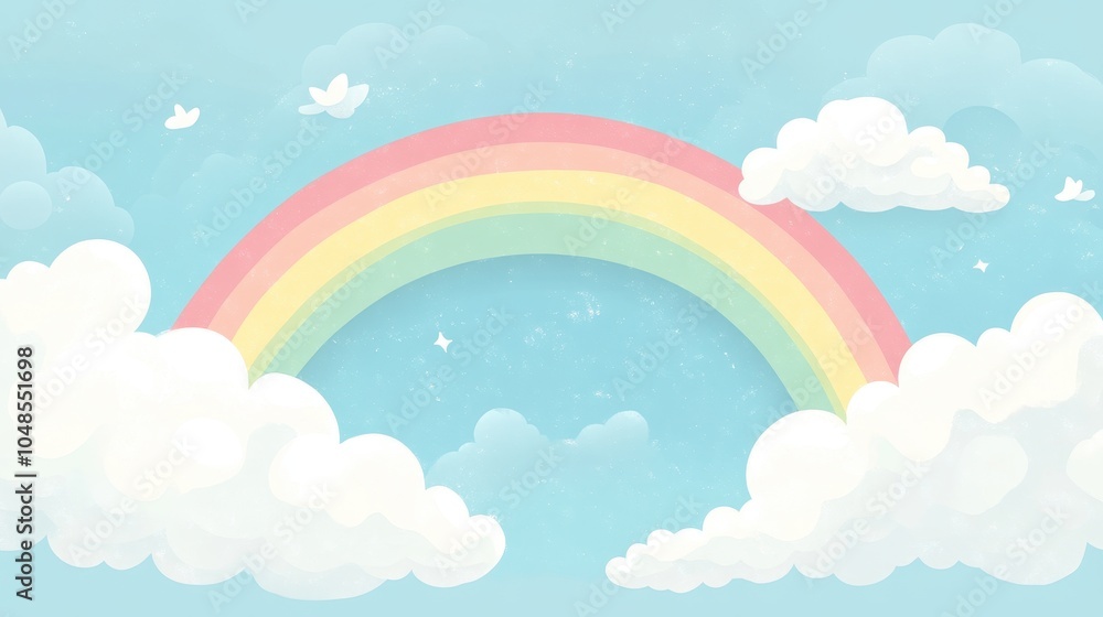 Colorful Rainbow and Fluffy Clouds Against a Pastel Blue Sky - Digital Illustration. Colorful Rainbow and Fluffy Clouds Against a Pastel Blue Sky - Digital Illustration.