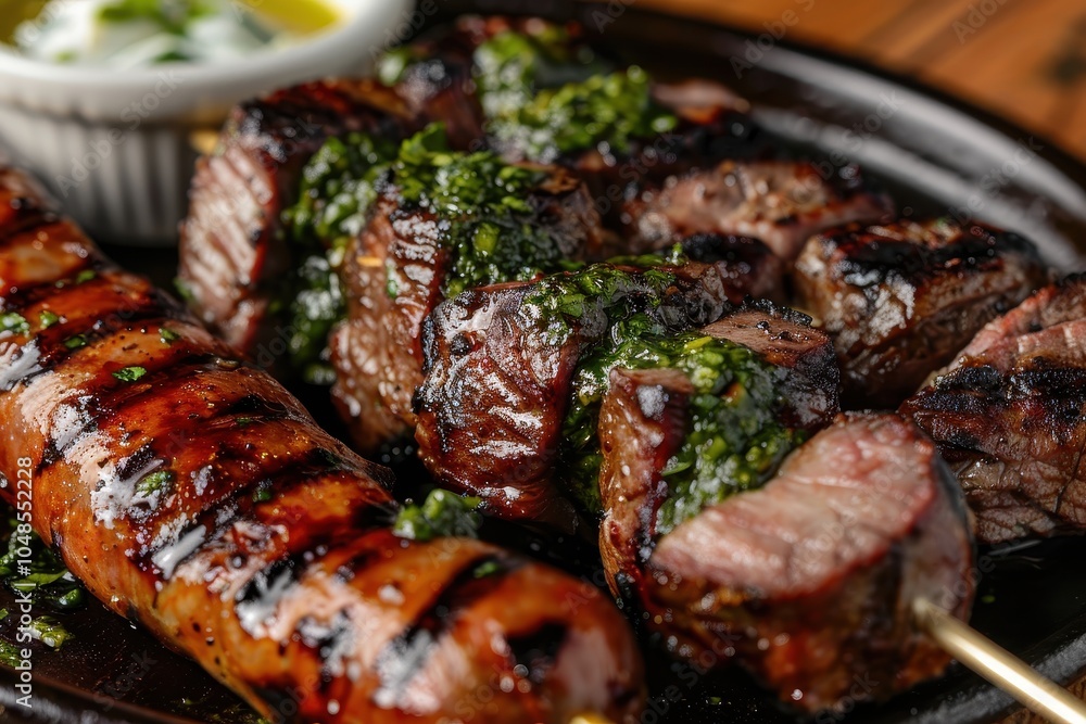 A skewer of churrasco, featuring a variety of grilled meats such as beef, chicken, and sausage, served with chimichurri sauce A skewer of churrasco, featuring a variety of grilled meats such as beef, chicken, and sausage, served with chimichurri sauce