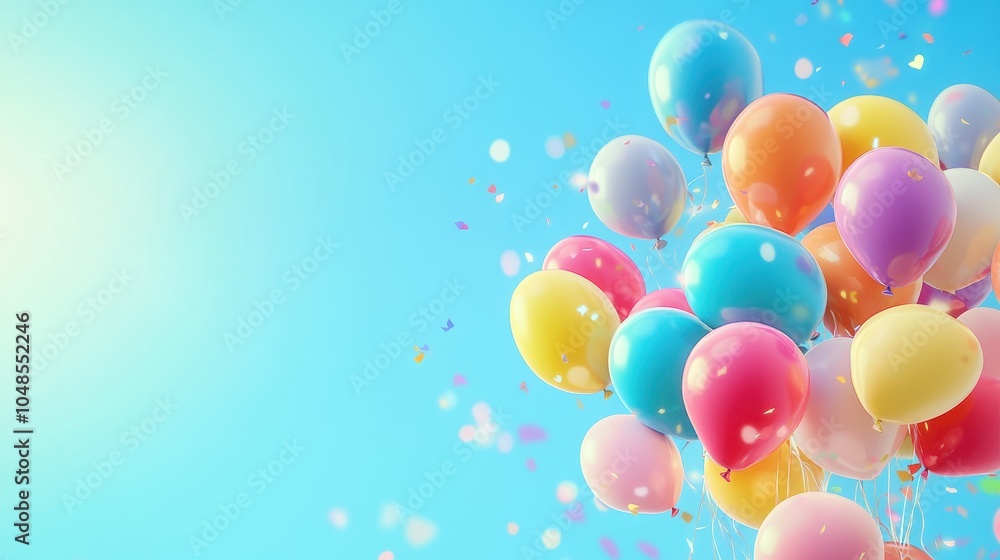 Colorful Balloons Floating Upwards Against a Blue Sky with Confetti Colorful Balloons Floating Upwards Against a Blue Sky with Confetti