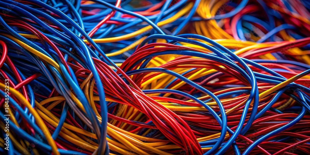 Low Light Photography of Colorful Electrical Wire Tangle in Red, Blue, and Yellow Strands Capturing Intricate Details in Dark Environments for Stunning Visual Appeal