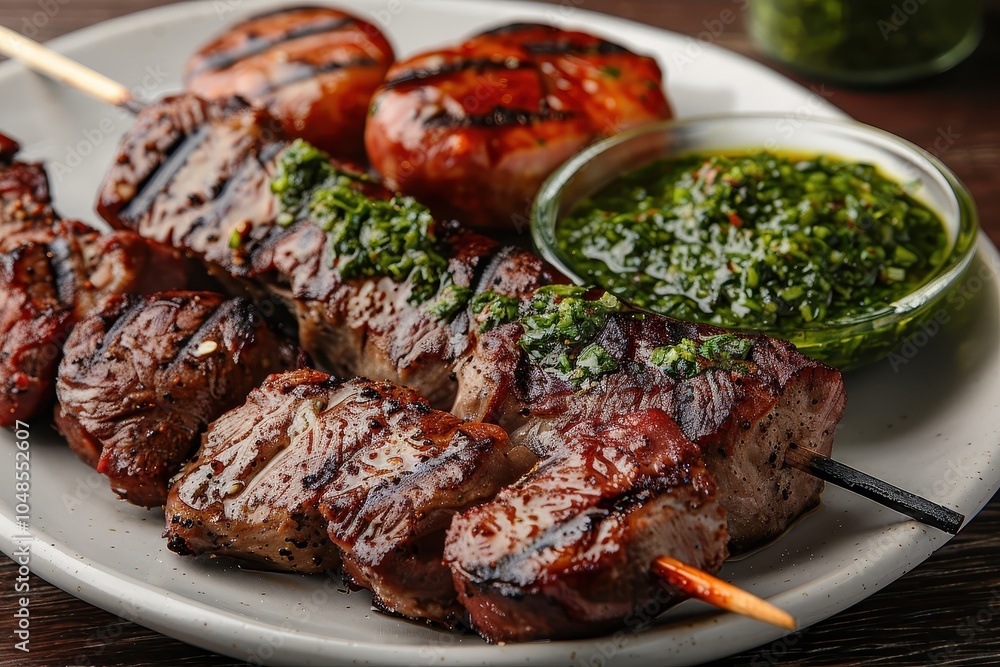 A skewer of churrasco, featuring a variety of grilled meats such as beef, chicken, and sausage, served with chimichurri sauce A skewer of churrasco, featuring a variety of grilled meats such as beef, chicken, and sausage, served with chimichurri sauce