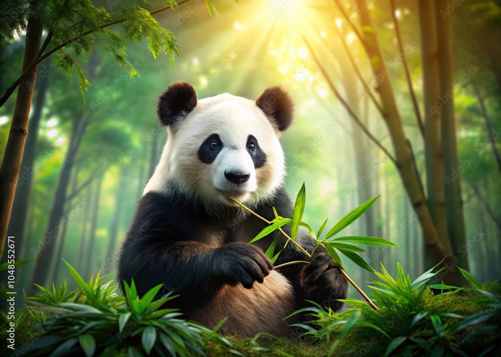 Obraz premium Adorable Panda Bear in Natural Habitat with Lush Greenery and Copy Space for Text Overlay