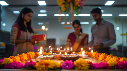 Corporate Diwali Celebration: Gift Exchange and Diyas in a Festive Office Setting