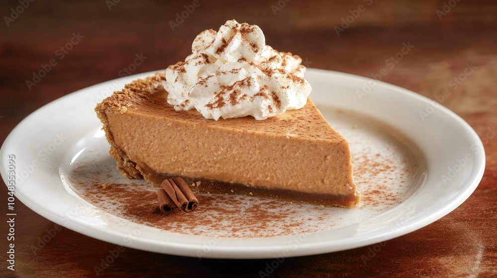 A slice of pumpkin pie with whipped cream served on a white plate, garnished with a sprinkle of cinnamon, set against a warm, inviting background. A slice of pumpkin pie with whipped cream served on a white plate, garnished with a sprinkle of cinnamon, set against a warm, inviting background.