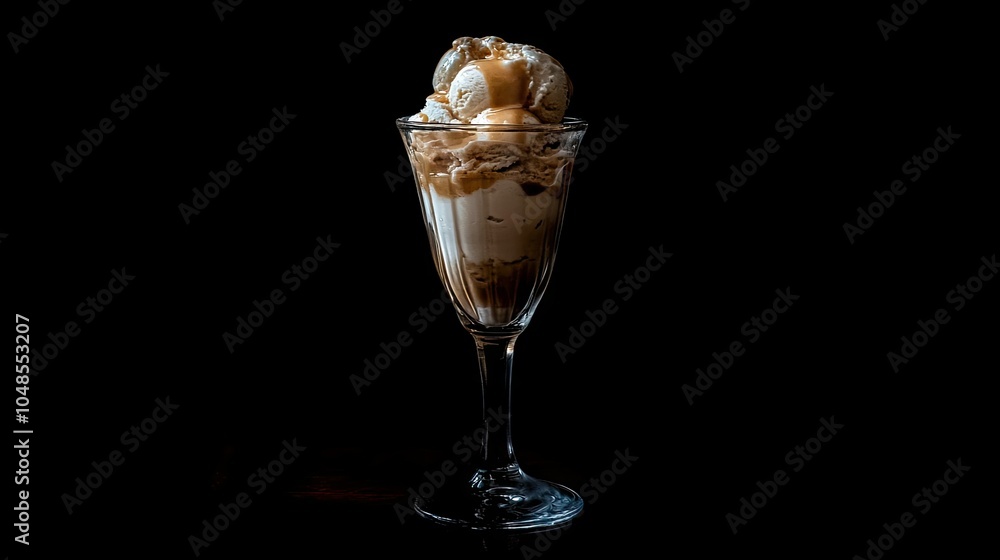 A sophisticated shot of an ice cream parfait in a tall glass, layers of ice cream and sauce creating a rich contrast against the dark setting. A sophisticated shot of an ice cream parfait in a tall glass, layers of ice cream and sauce creating a rich contrast against the dark setting.