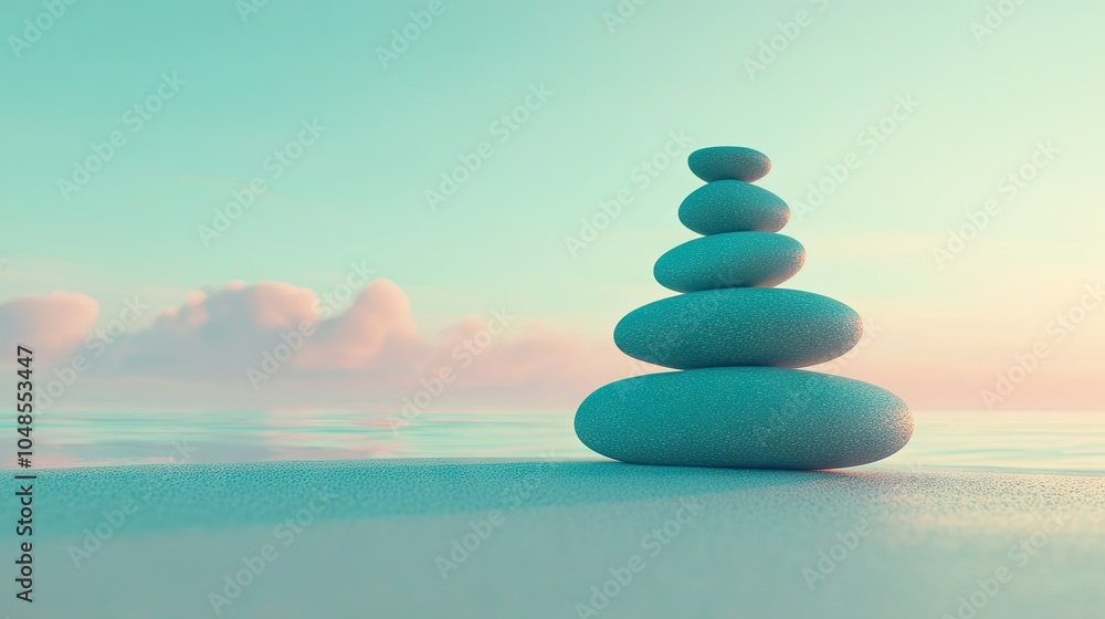 A stack of smooth, balanced stones on a beach with the ocean in the background, symbolizing peace and equilibrium, under a soft pastel sky. A stack of smooth, balanced stones on a beach with the ocean in the background, symbolizing peace and equilibrium, under a soft pastel sky.