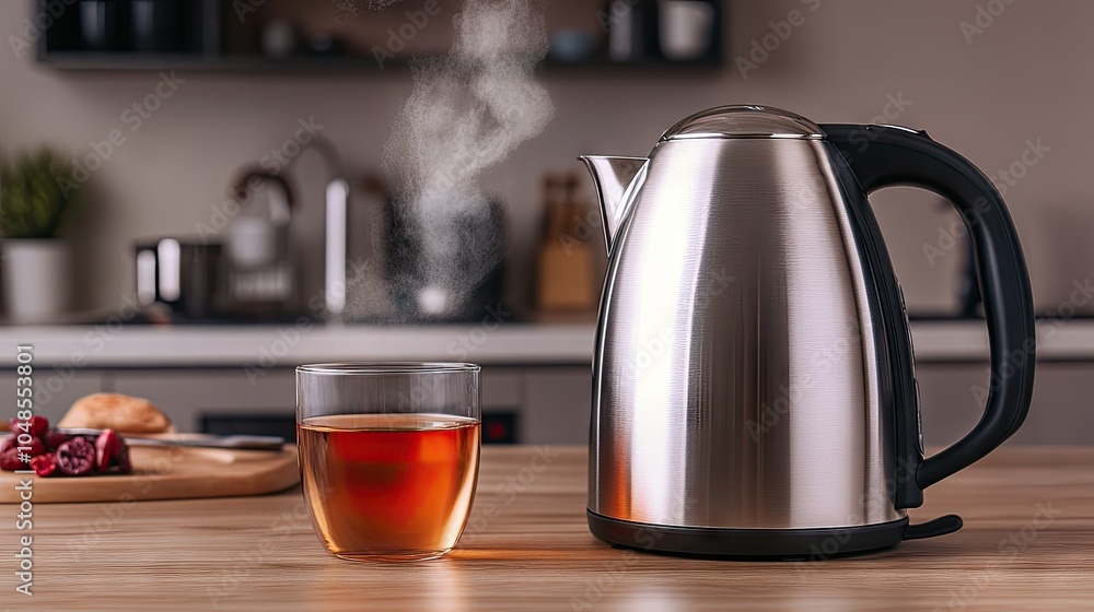 A stainless steel kettle next to a glass of hot tea, with steam rising from both, on a wooden kitchen table. A stainless steel kettle next to a glass of hot tea, with steam rising from both, on a wooden kitchen table.