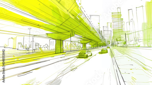 sketch of a highway overpass with a city in the background