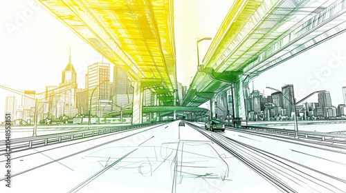 sketch of a highway overpass with a city in the background