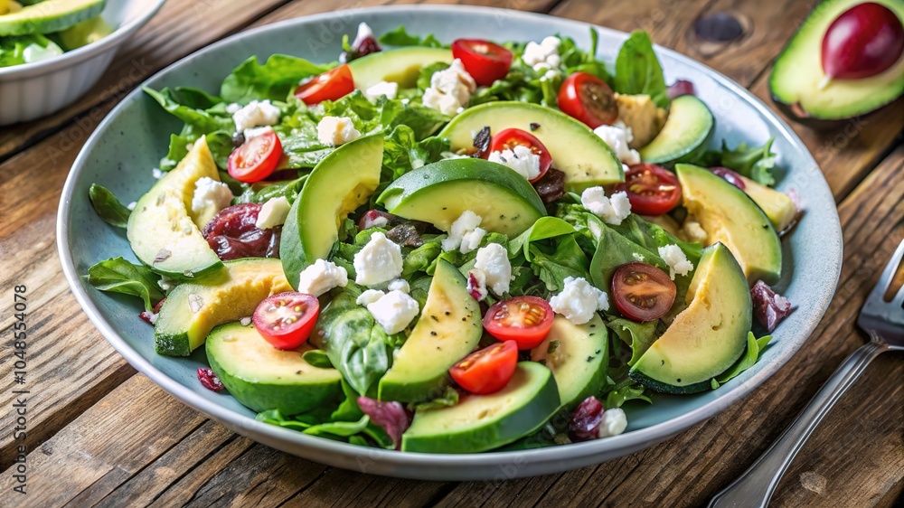 Fresh avocado salad with cherry tomatoes and feta cheese on a rustic wooden table Fresh avocado salad with cherry tomatoes and feta cheese on a rustic wooden table