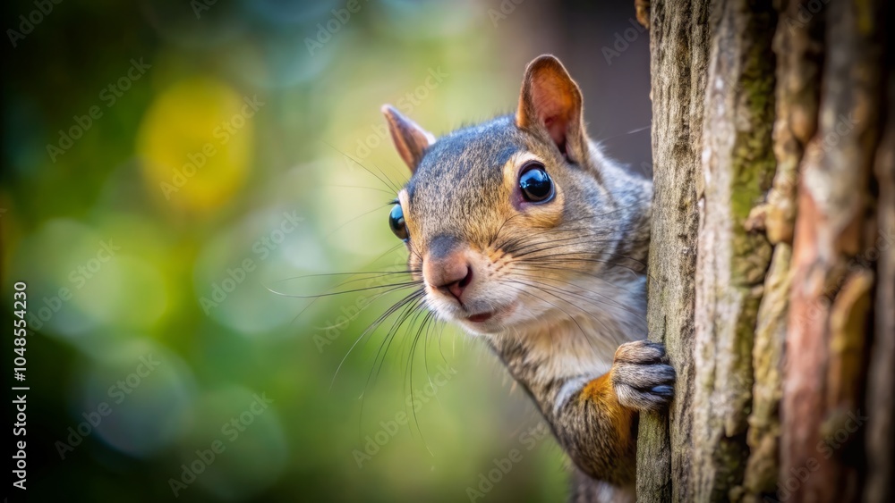 Obraz premium Macro Photography of a Curious Squirrel Peeking Around a Corner with Space for Text, Nature Close-Up, Wildlife Photography, Animal Behavior, Forest Habitat
