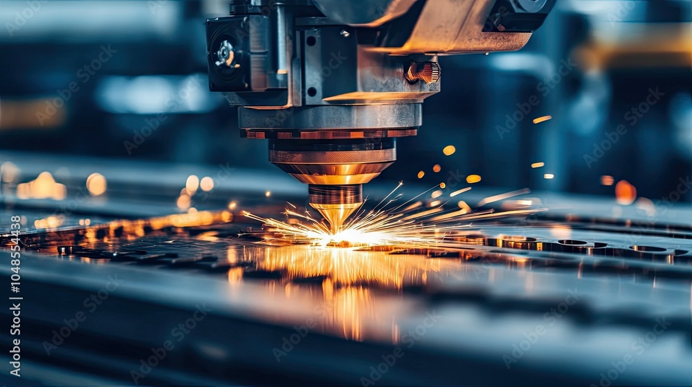 A top-down view of an industrial laser cutter working on a large sheet of metal, with molten edges and sparks flying as it moves. A top-down view of an industrial laser cutter working on a large sheet of metal, with molten edges and sparks flying as it moves.