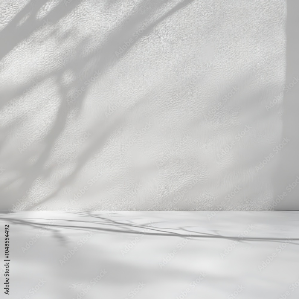 Fototapeta premium Minimalist White Wall with Branch Shadows for Product Display and Mockups.