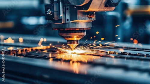 A top-down view of an industrial laser cutter working on a large sheet of metal, with molten edges and sparks flying as it moves.