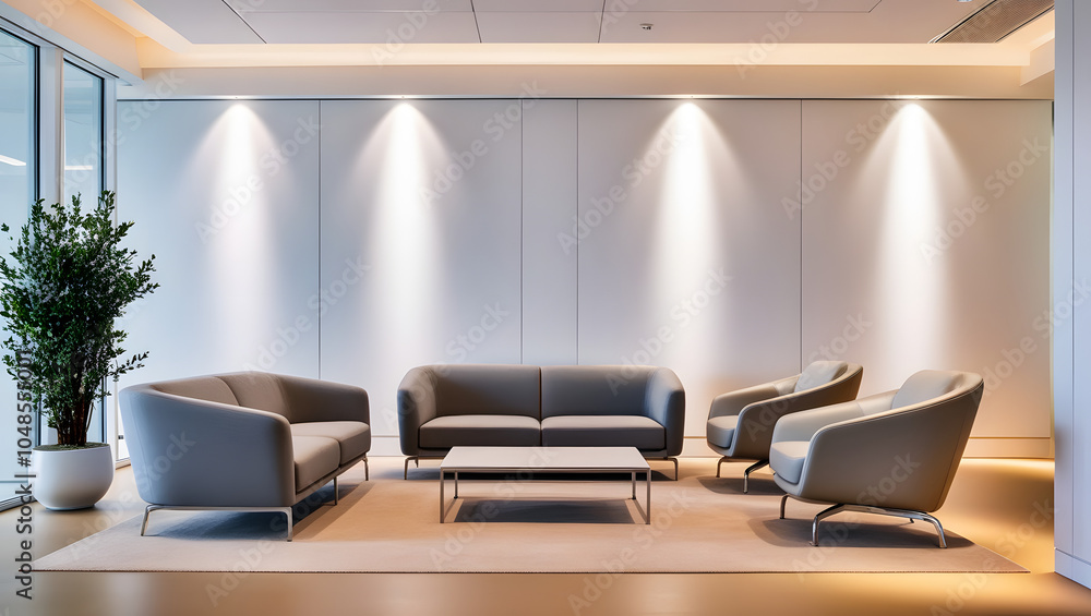 Fototapeta premium Modern office lounge with blank wall and comfortable seating.