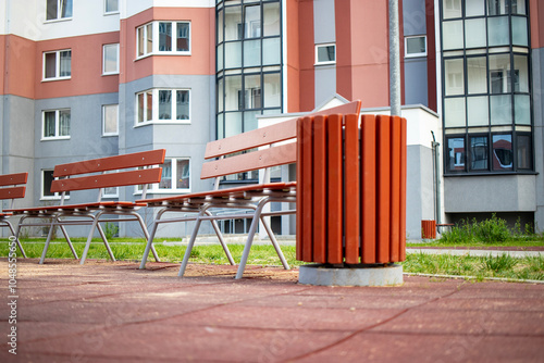 Modern residential area featuring benches for community relaxation and enjoyment of fresh air