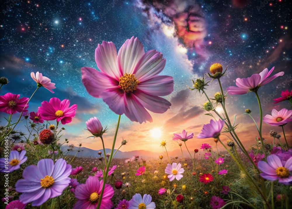 Aerial View of Cosmos Flowers Under a Starry Sky, Nature and Universe Blend, 3D Illustration for Nature Lovers Aerial View of Cosmos Flowers Under a Starry Sky, Nature and Universe Blend, 3D Illustration for Nature Lovers