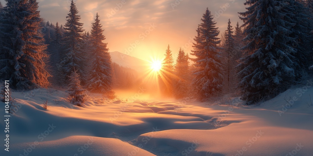 Stunning sunrise over snow-covered fir trees in the Carpathians Stunning sunrise over snow-covered fir trees in the Carpathians