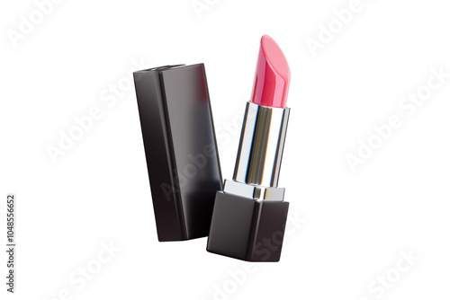 Fotografie Flying glossy pink lipstick with lid isolated on black background