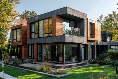 Modern architectural design of a contemporary home in autumn foliage