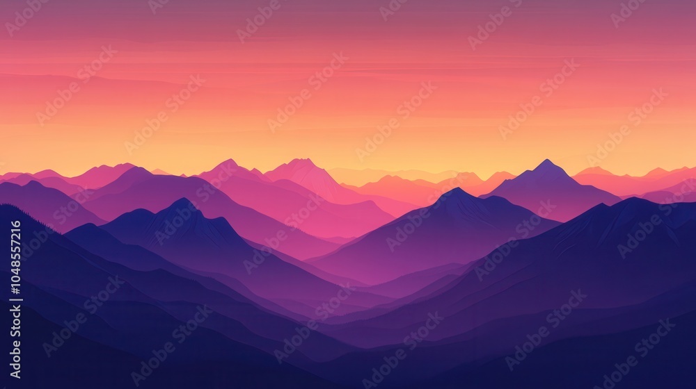Obraz premium Purple Mountain Range at Sunset with Vibrant Pink and Orange Sky - Digital Art Illustration.