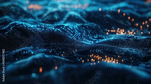 Abstract Digital Landscape with Glowing Blue and Orange Particles photo