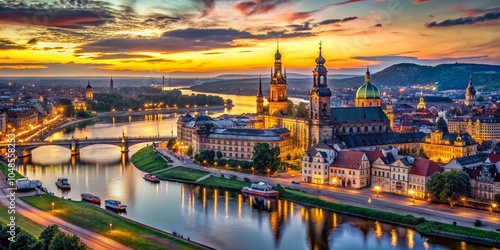 Aerial View of Sunny Dresden and the Elbe River with Historic Castles at Dusk