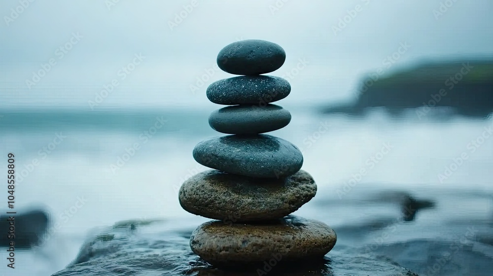 Stones stacked in perfect balance near the ocean, with the serene waves lapping in the background, representing spiritual grounding and harmony. Stones stacked in perfect balance near the ocean, with the serene waves lapping in the background, representing spiritual grounding and harmony.